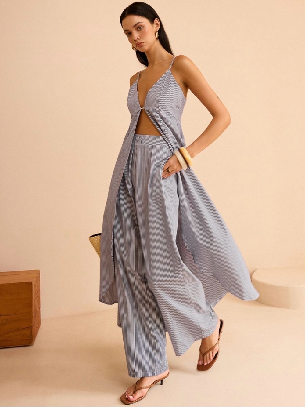 ✨COMMENSE✨ Striped Long Cami Top and Wide-Leg Pants Set